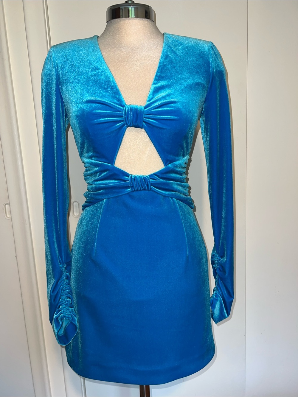 Rebecca Vallance Teal Velvet Long-Sleeve Knot Mini Dress
